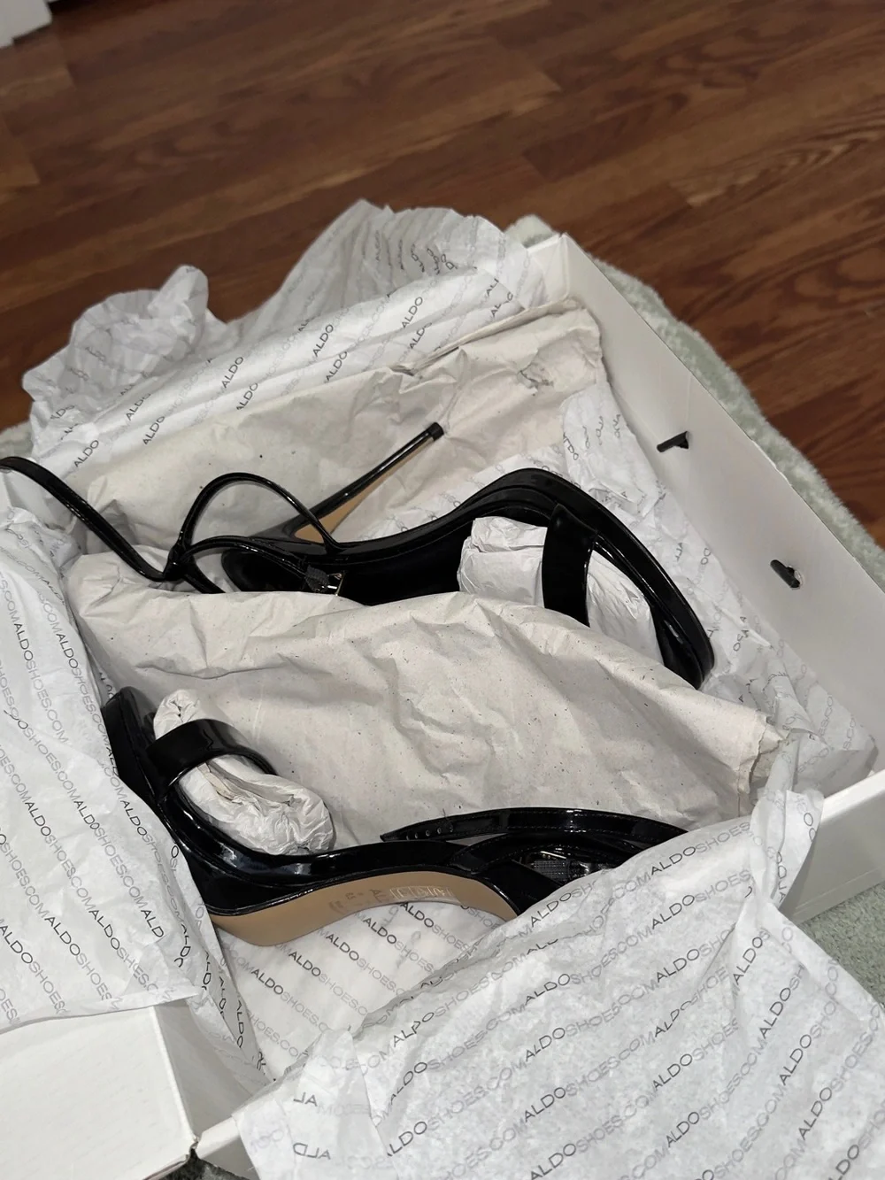 Aldo Black Patent Stiletto Sandals with Ankle Strap